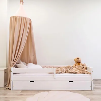 Produktbild von MEBLE WRÓBEL Kinderbett 80x180 cm mit Schublade, Rausfallschutz und Lattenrost - Kinder Bett Montessori - Jugendbet aus Kiefer Massivholz in Weiß - Einzelbett ohne Matratze