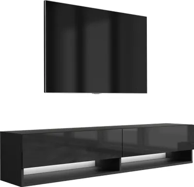 Obrázek produktu pro Nízká TV deska 170 cm matná černá / lesklá černá, bílá LED, 170 × 32 × 34 cm
