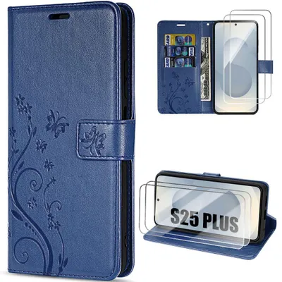Image de Coque + 2 Verres Trempés pour Samsung Galaxy S25 Plus (S25+) Protection Antichoc Synthécuir Motif Papillon Bleu Marine