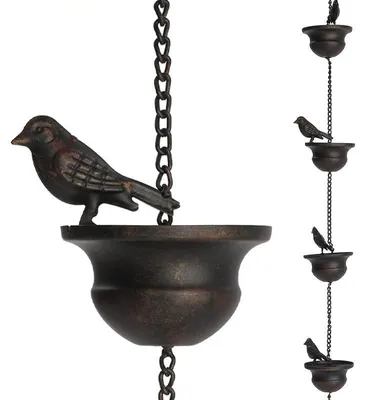 Produktbild von Regenrinnenkette in Vogelform aus Metall, rostbeständige Regenkette für Garten und Außenbereich