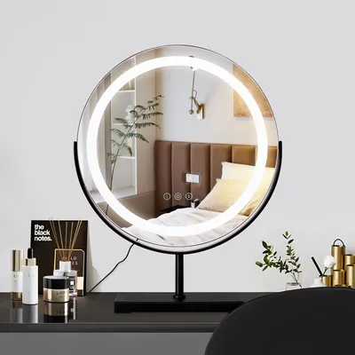 LED-Make-up-Spiegel rund 40 cm, Touch-Dimmer, 3 Farben, 360° drehbar, schwarz