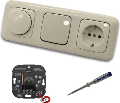 Produktbild von EBROM 1001 LED Drehdimmer Dimmer + Busch Jäger Dimmerscheibe 2115-212 + Lichtschalter 2000/6 US + Steckdose m Kinderschutz 20EUCKS-212 DURO2000 cremeweiß + EBROM Phasenprüfer z. Montage der Geräte