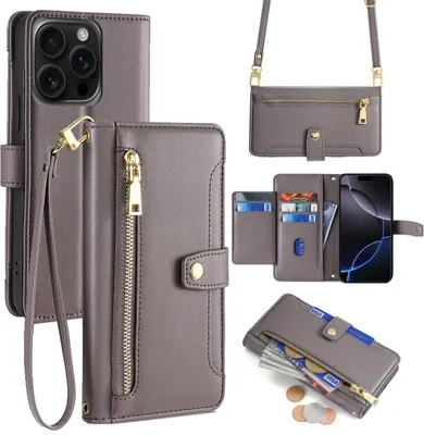 Produktbild von Handykette für iPhone 16 Pro – Kunstleder Hülle mit Band, Kartenfächern & Umhängetasche Grau