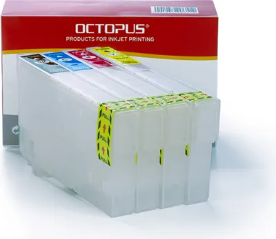 A set of four ink cartridges in front of their packaging.