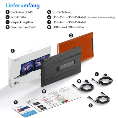 Produktbild von Blackview 15.6" Tragbarer Einzelner Monitor 8, 1920×1200 ultradünn Computerbildschirm(für 13-17,3" Laptops), 180° horizontal drehbar.