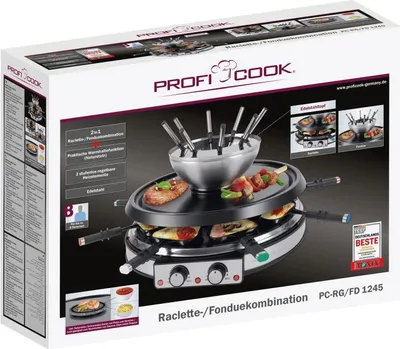 Zdjęcie produktu dla Zestaw do fondue raclette ProfiCook dla 8 osób, grill raclette 2 w 1 z zestawem do fondue, w tym łopatka, patelnie i widelce PC-RG/FD 1245