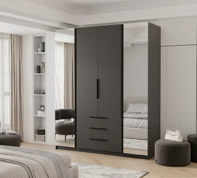 Produktbild von IDOHOME-Viertüriger Drehtürenschrank VERONA mit Spiegel und Schubladen Moderner stilvoller Loft-Kleiderschrank schwarze