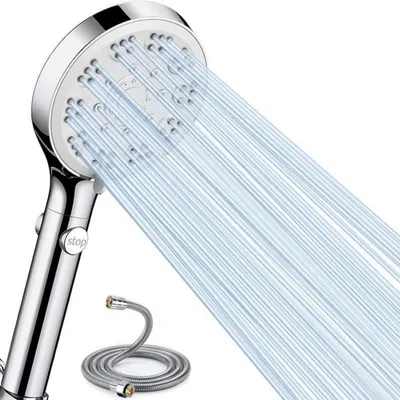 Produktbild von Duschkopf mit Schlauch 1.5m, 5 Strahlarten, Wassersparend, Stoppfunktion, Antikalk, Chrom