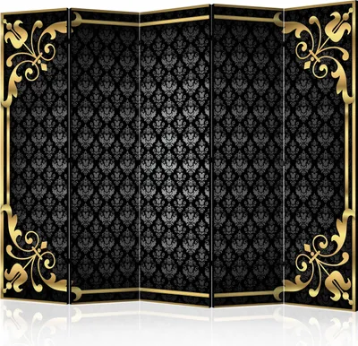 A folding screen with a damask pattern and gold decorative elements.
