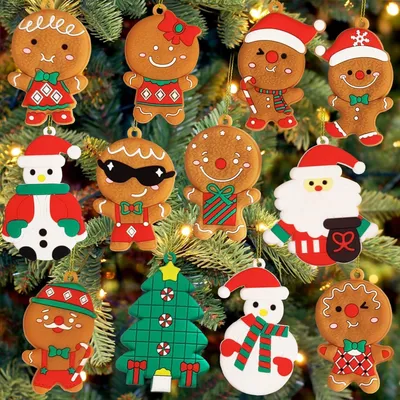 Image de 12pcs Christmas Ornaments Père Noël en pain d'épice Décorations de Noël Marron Mignon Pain d'épice Décorations de Noël pour la maison Arbre de Noël Suspendu Fête Décoration