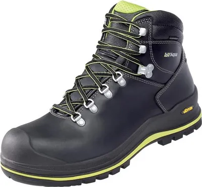 A single black work boot with green accents is shown against a white background.
