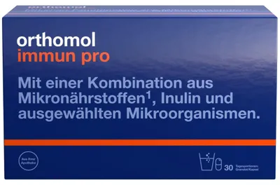 Produktbild von Orthomol Immun pro - Nahrungsergänzungsmittel mit Mikronährstoffen, Inulin und ausgewählten Mikroorganismen - Granulat/Kapsel, 30 St. Tagesportionen