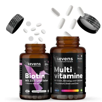 Produktbild von Biotin 10.000 mcg 365 Tabletten + Multivitamin 365 Kapseln mit Mineralstoffen, Magnesium & Ginseng – Set – Sevens Nutrition