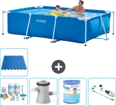Produktbild von Intex-Schwimmbecken mit rechteckigem Rahmen – 260 x 160 x 65 cm – Blau – im Lieferumfang enthalten Wartungspaket - Filterpumpe für Schwimmbad - Filter - Staubsauger - Bodenfliesen