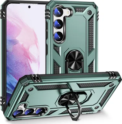 Produktbild von Schutzhülle für Samsung Galaxy S23+, Dual Layer Robust Militäre Fallschutz Hülle mit Ringhalterung Ständer Grün
