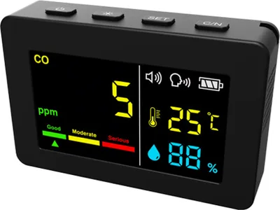 Produktbild von Tragbares Luftqualitaetsmessgeraet, 3-in-1 CO-Temperatur- und Luftfeuchtigkeitstester, Farbbildschirm, Kohlenmonoxiddetektor mit Sprachalarm und Funktion zur Anzeige der elektrischen Menge