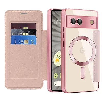 A pink flip case for a Google Pixel 7A phone, shown open to reveal card slots and closed to show the phone case with a magnetic ring.