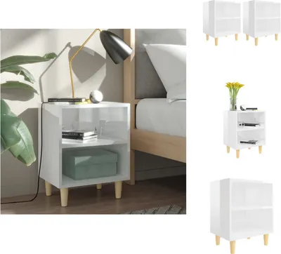 Image de vidaXL Tables de nuit pieds en bois massif 2 pcs. Blanc brillant 40x30x50cm - Tables de chevet