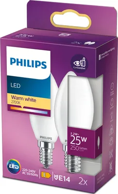 Produktbild von Philips Filament-Kerzenlampe, Milchglas, 25W, B35, E14 x2, 2,2 W, 25 W, E14, 250 lm, 15000 h, Warmweiß