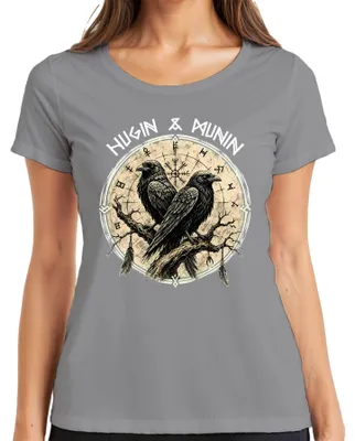 Produktbild von Wikinger Raben Odin Huginn Muninn Vegvisir Nordische Mythologie Damen T-Shirt, Grau, M