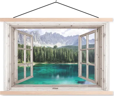 Produktbild von MuchoWow® Textilposter Aussicht - Berg - Wasser 120x80 cm mit holzfarbenen Rahmen - Aufhängeset
