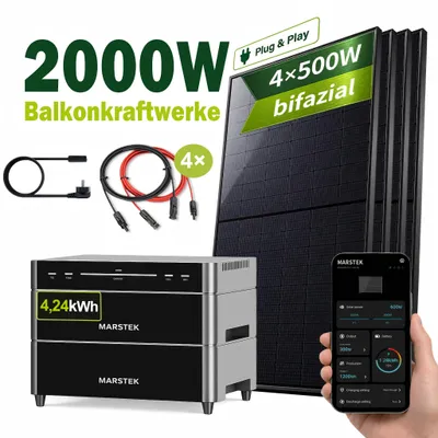Produktbild von Balkonkraftwerk 2000W Solarmodule Marstek Venus A All-in-One Solarspeicher 4,24 kWh Speicher komplett Steckdose Solaranlage Bifazial Glas-Glas Modulen