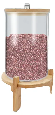 Imagen del producto de Dispensador de muesli, con capacidad de 7,5 litros, fabricado en acero inoxidable y vidrio, dimensiones de 20 cm x 30 cm, forma redonda, diseño moderno