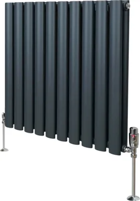 Productafbeelding van Ovale radiator met buisvormige verwarmingselementen en chroomkleurige thermostaafsluitingen – 600mm x 600mm - Anthracietgrijs