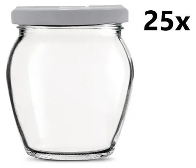 A clear glass jar with a gray lid, shown against a white background. Text indicating '25x' is present on the right side.