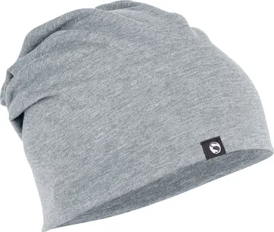 A grey slouch beanie is shown against a white background.