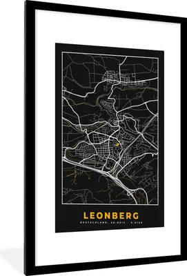 Produktbild von MuchoWow® Gerahmtes Poster Schwarz und Gold - Stadtplan - Leonberg - Deutschland - Karte 60x90 cm - Poster mit Schwarzem Bilderrahmen Wandposter Rahmen Foto Bilder - Dekoration - Wandposter Wohnzimmer - Hochwertig
