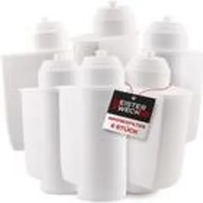 A group of white water filter cartridges arranged in a cluster, with a tag attached to one of them.
