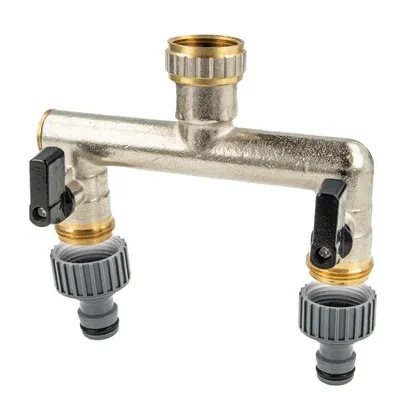 Produktbild von tecuro 2-Wege Verteiler 3/4 Zoll mit 2 x Kugelventil und Steckkupplungen, MS-vernickelt