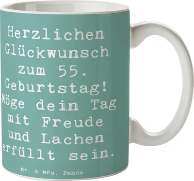 Produktbild von Mr. & Mrs. Panda Teetasse Spruch 55. Geburtstag Glückwunsch - Meeresbrise - Geschenk, Happy Birthday, Fünfundfünfzigster, 55 Jahre, Becher, persönliche Botschaft, haferl
