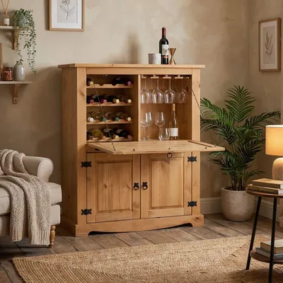 Produktbild von Weinschrank TEQUILA, schöner Barschrank im Mexiko Stil, praktische Hausbar aus Kiefer massiv in gebeizt/gewachst, Stilvolles Weinregal mit 1 Klappfach und 2 Türen