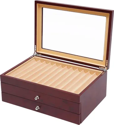 Obrázok produktu pre Box na perá – úložný box na perá – 3 úrovne – 34 pier – priehľadný vrchnák – drevo – veľká kapacita – červená farba