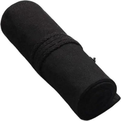 A black pencil case rolled up and tied with a string.