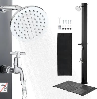 Produktbild von SucceBuy Solardusche 35L, Gartendusche 2160 mm mit Bodenplatte & Fußarmatur, Außendusche mit Warm- und Kaltwasserregelung, Campingdusche für Garten, Pool und Strand, Schwarz