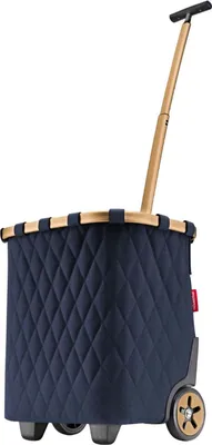 A navy blue quilted shopping trolley with a gold telescopic handle and black wheels, set against a white background.