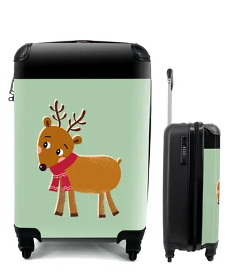 Produktbild von MuchoWow® Koffer Handgepäck Trolley Rollkoffer Kleine Reisekoffer mit 4 Rollen - Rentier - Weihnachten - Winter - Grün - Cabin Size < 55x40x23 cm & 55x40x20 cm - Fotokoffer - Kabinenkoffer - Boardgepäck - Reise-Box - Reisekoffer - Reisegepäck - Koffer mit Bild - Trolley für Kinder