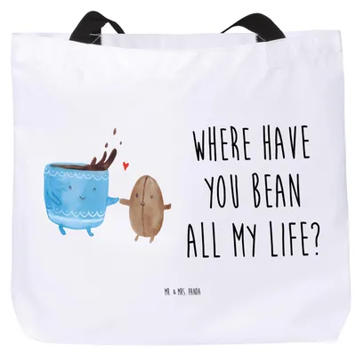 Produktbild von Mr. & Mrs. Panda Reisetasche Kaffee Bohne - Weiß - Geschenk, Lustige Sprüche, Strandtasche, Tasche, Schultasche, Zufriedenheit, Kaffeebohne, Stoffbeutel, Genuss, Tote Bag