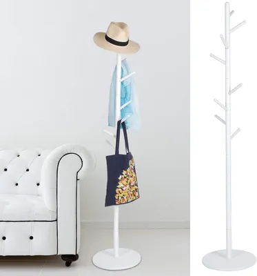 Productafbeelding van Vloer Kledingrek - Kapstok Haken - Organiseren Van Kleding - Stabiel Houten Frame - 36 x 169 cm - Wit