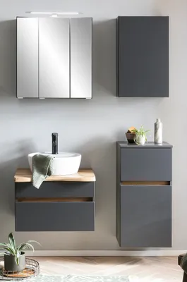 Produktbild von Badezimmermöbel Set mit Baumkante VIDAGO-03 in graphit inkl. Keramikbecken und Spiegelschrank, B/H/T: ca. 116/200/52 cm