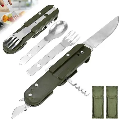Immagine prodotto di Set di posate da campeggio pieghevoli 5 in 1, 3 pezzi in acciaio inossidabile, portatile