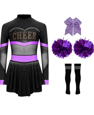 Produktbild von Mädchen Cheerleader Kostüm Gr 122-128 Schwarz Lila mit Pompons Set Karneval Halloween Fasching Party Show