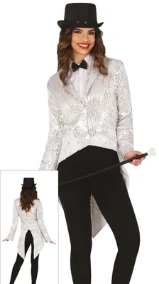 Productafbeelding van Pailletten smoking, zilver, carnaval kostuum, glans, glamour, elegant, voor volwassenen, show, magie, stijlvol, feest, maat: 42 - 44 (L), kleur: zilver