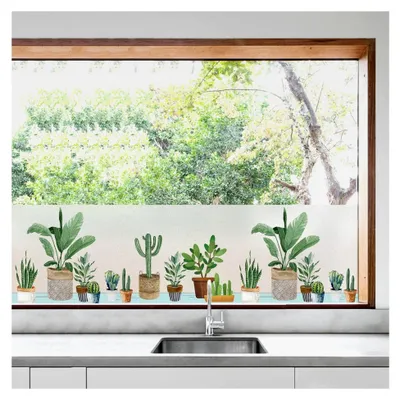 Produktbild von Fensterfolie Sichtschutz Milchglasfolie mit Topfpflanzenmuster statisch haftend ohne Klebstoff wiederverwendbar geeignet für Wohnzimmer, Schlafzimmer, Küche 44,5 x 200 cm