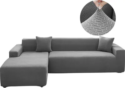 Produktbild von (Hellgrau) L-förmiger Sofabezug, Stretch-Sofa-Schonbezug mit elastischer Unterseite, Möbelschutz, kratzfest, waschbar, einfarbiger Jacquard-Couchbezug für Wohnzimmer