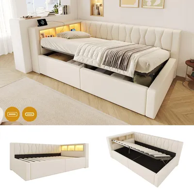 Immagine prodotto di Letto a giorno 90x200 cm con spazio contenitore a sollevamento idraulico, illuminazione a LED, ripiani e porta USB, rivestito in lino, senza materasso, color beige