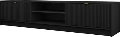 A black TV lowboard with two doors and an open shelf in the middle.